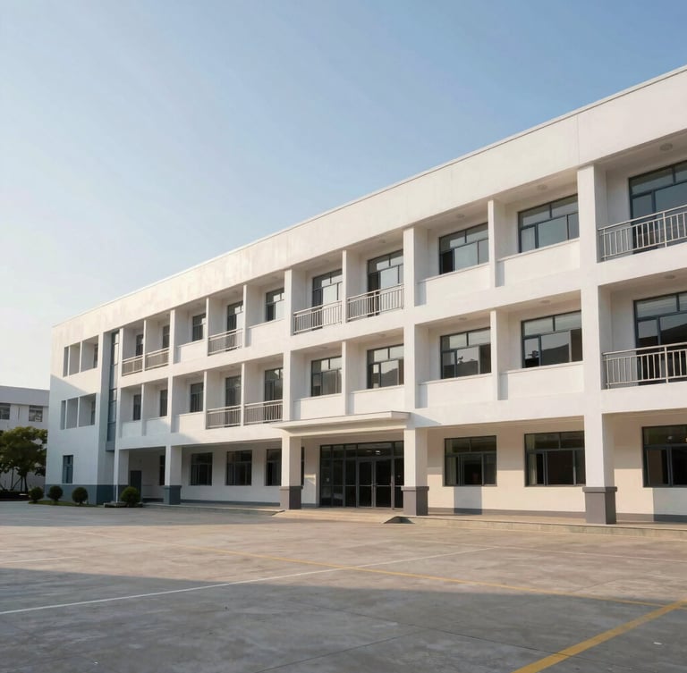 Wide architectural shot of the clean, modern three-story school building under bright morning sunlight, spacious campus courtyard in the foreground.