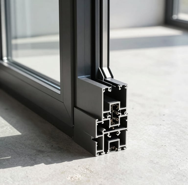 Extreme close-up of a sleek charcoal aluminum window profile, architectural daylight casting sharp shadows on a clean concrete floor, minimal aesthetic