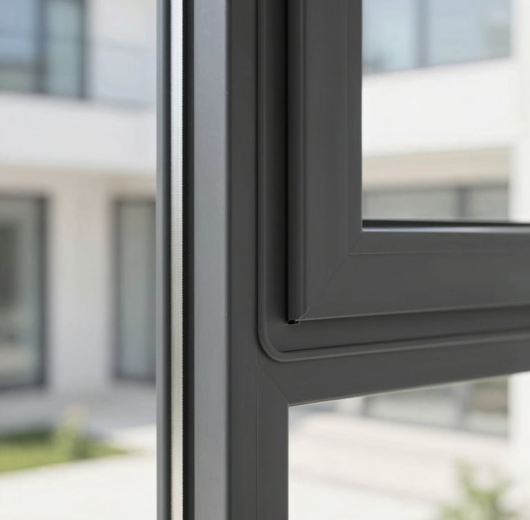 Extreme close-up of a sleek charcoal grey aluminum window frame corner joint, showcasing the flawless seamless finish and weather-stripping detail, bright natural daylight