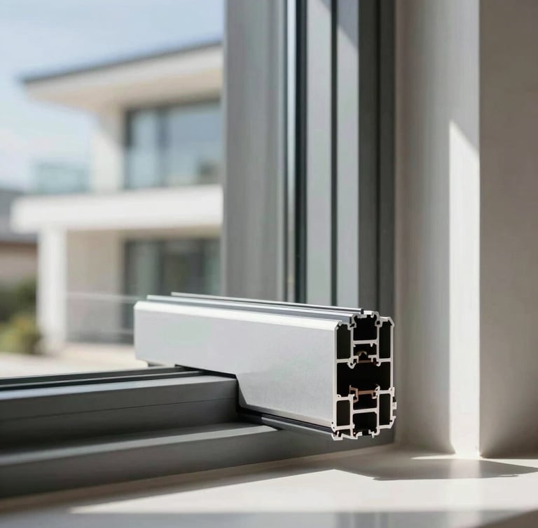 Extreme close-up of a sleek architectural aluminum window frame profile, natural light streaming through glass, sharp focus, 35mm lens