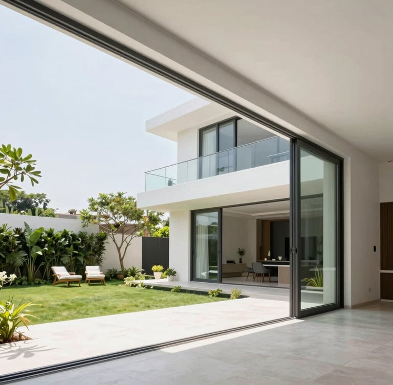 Wide-angle architectural photograph of a minimalist luxury villa in Hyderabad, floor-to-ceiling sliding doors opening to a lush garden, bright daylight