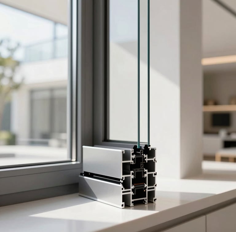 Close-up architectural shot of a sleek, ultra-slim aluminum window profile in a modern showroom, soft natural light reflecting off the silver and charcoal frame, minimalist design.
