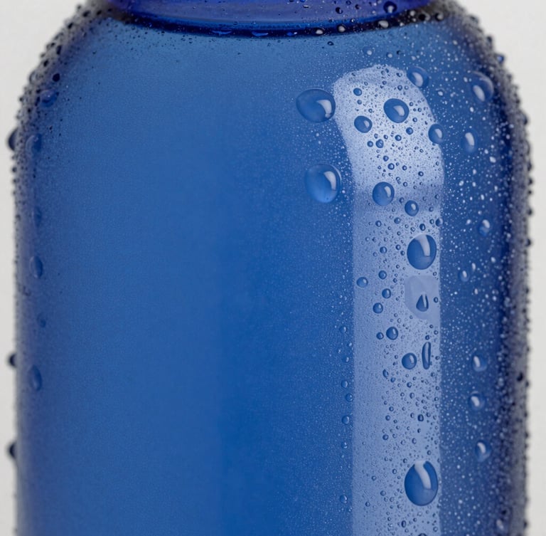 Macro close-up of pure water droplets streaming down a frosted deep blue bottle, sharp focus on condensation, high-contrast crisp studio lighting.