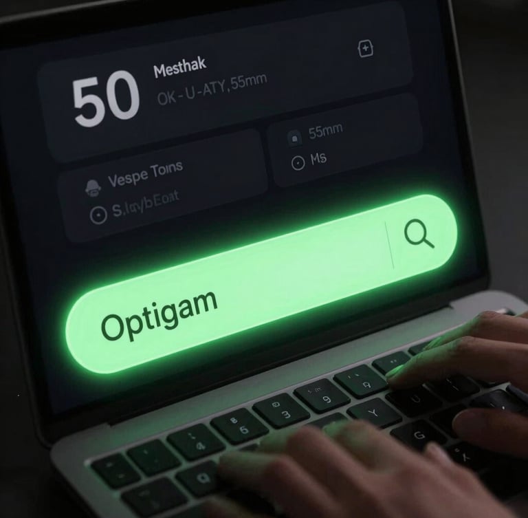 Sleek tech photography, dark mode UI mockup of Optimag search bar with neon green glow, hands on keyboard, sharp focus, 50mm