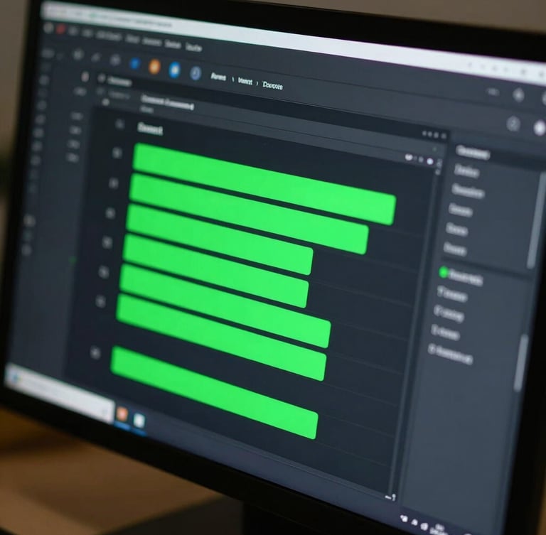 Macro shot of a modern workspace screen showing an image compression workflow with neon green progress bars and high-contrast digital glow