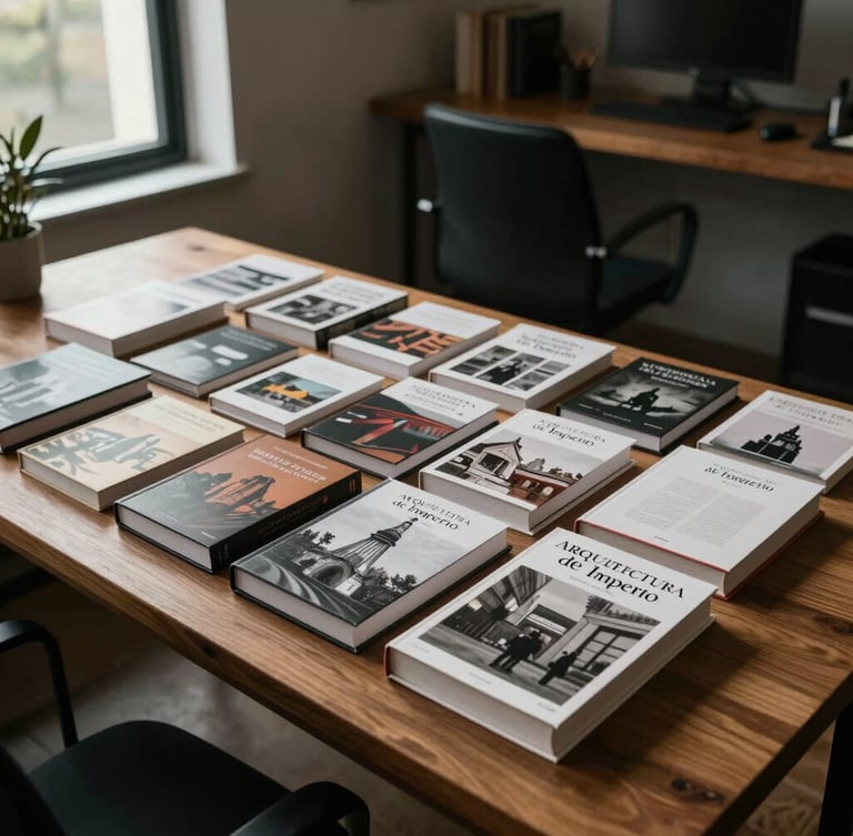 Wide panoramic shot of the complete 'Arquitectura de Imperio' book collection arranged neatly on a solid oak desk, soft natural window light from the left, deep shadows, professional workspace background.