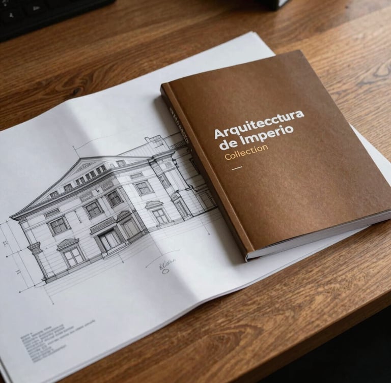 Tight, high-contrast side-lit architectural blueprint on a solid oak desk, next to a structured corporate manual from the Arquitectura de Imperio collection, warm bronze tones, professional atmosphere.