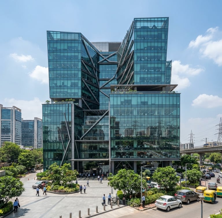 Wide-angle architectural exterior of a modern commercial glass office building in Gurgaon, bright natural daylight, clean realistic colors, sharp focus, 35mm perspective.