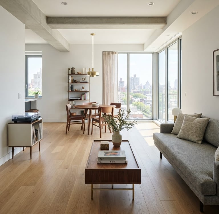 Crisp architectural photography of a modern residential apartment interior, bright natural daylight, clean realistic colors, straight-on eye-level perspective