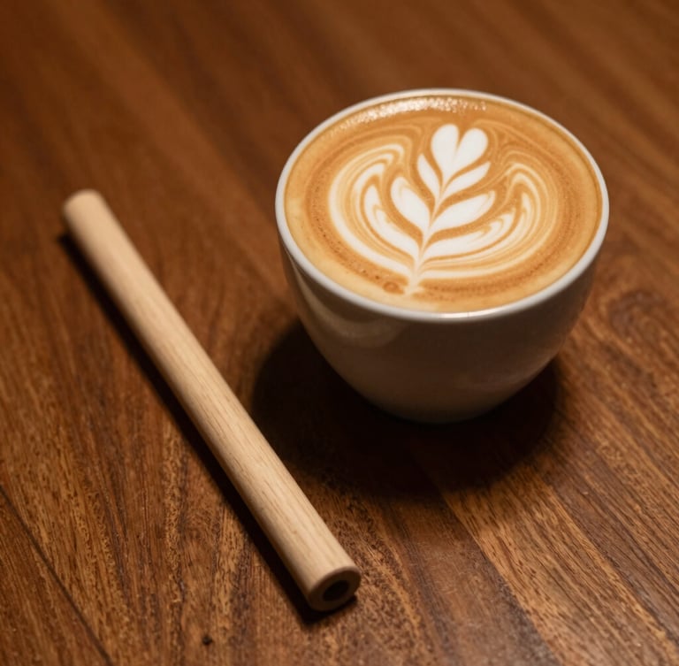 Overhead shot of warm latte art next to billiard chalk on a rich teak wood table, soft ambient indoor lighting, editorial 35mm photography