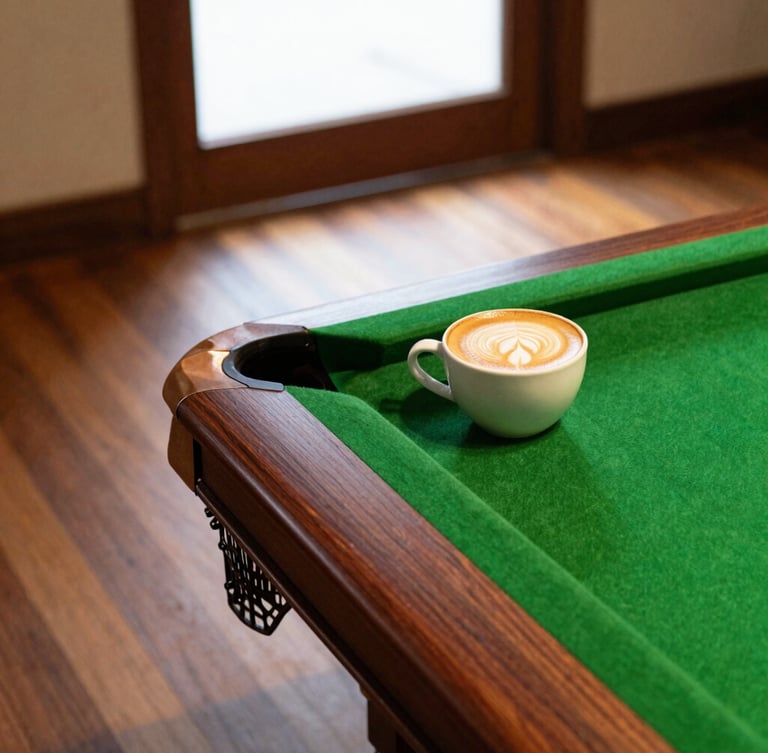 Overhead shot of a pristine billiard table corner with green felt, next to a ceramic cup of flat white with latte art on a rich teak wood table, warm natural window light