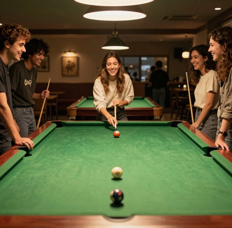 A group of friends laughing around a brightly lit, clean billiard table with fresh green felt, warm interior lighting, cozy cafe background, 35mm
