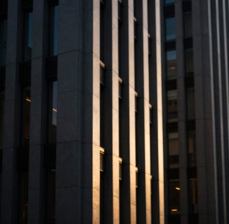 Dramatic architectural lines of a modern corporate headquarters in Madrid, sharp side-lighting, deep shadows with warm golden highlights, shallow depth of field, 35mm lens