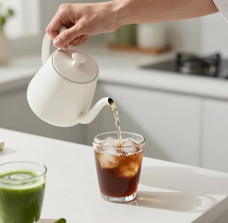 Bright high-key photography of hands pouring hot water from a minimalist white kettle into a glass of iced coffee, natural morning daylight, clean kitchen counter, vibrant green matcha accents, sharp focus, 35mm