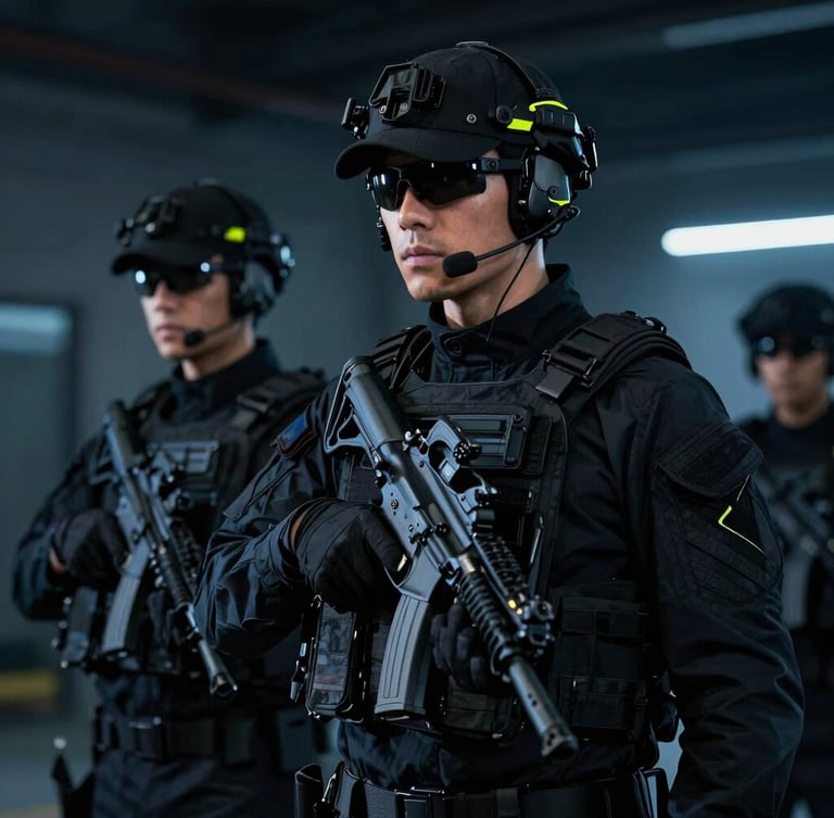 Professional security personnel in modern dark tactical uniform with earpiece, low-key cinematic lighting with cyber-lime accents, sharp contrast, 35mm lens