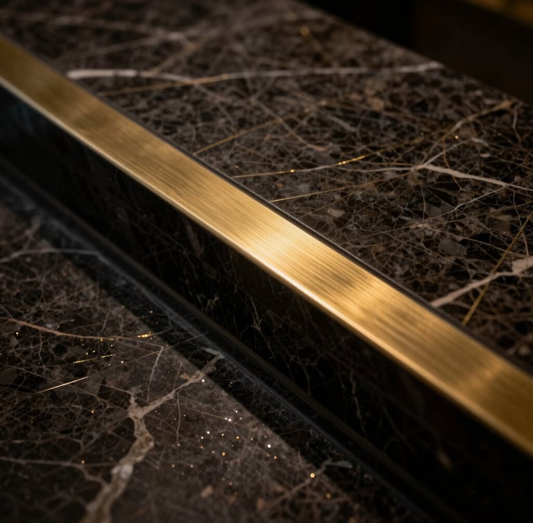 Extreme close-up of a flawless transition between dark veined marble and a hairline brushed brass inlay, dramatic low-key lighting, subtle metallic gold glints, 35mm architectural photography