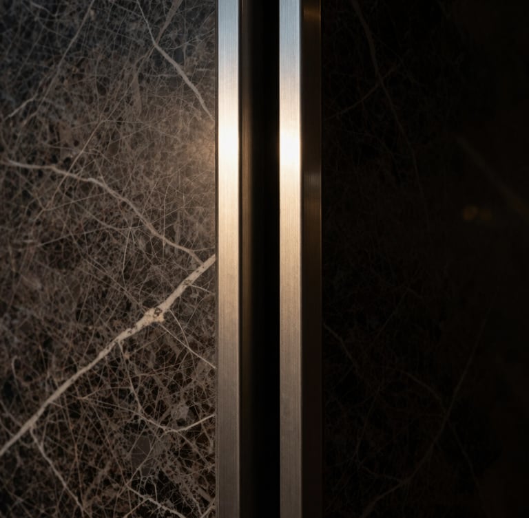 Extreme close-up of heavily veined dark marble meeting a perfectly aligned brushed steel frame, dramatic shadows, 35mm