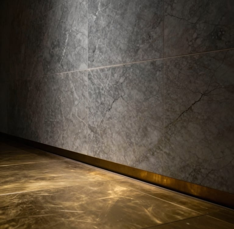 Dramatic low-key architectural photograph of a monolithic marble wall meeting a brushed brass floor inlay, razor-sharp alignment, deep shadows.