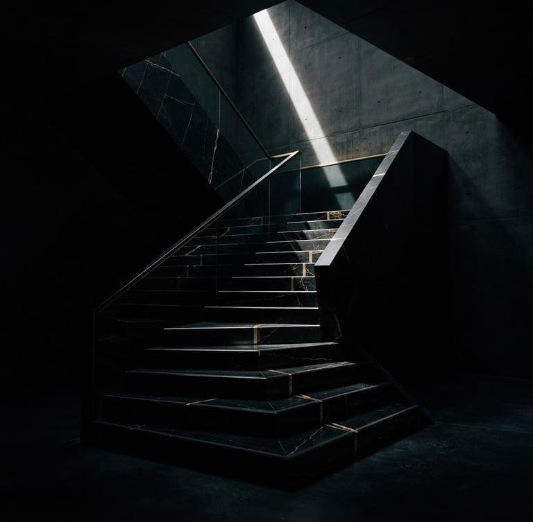 Low-key architectural photography of a monolithic black marble staircase, sharp geometric angles, dramatic light shaft, 35mm