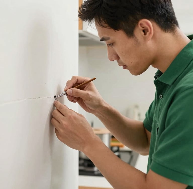 Close-up of a professional technician in a green polo shirt carefully sealing a small crevice in a kitchen wall, clean domestic setting.