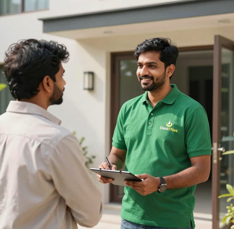 A friendly certified technician in a branded green polo shirt greeting a homeowner at the doorstep of a modern apartment in Hyderabad, bright natural light.