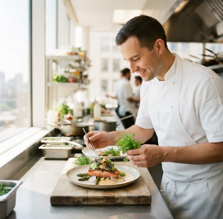 A bright modern commercial kitchen with a chef in clean white uniform placing fresh herbs on a plate, warm natural window light, shallow depth of field