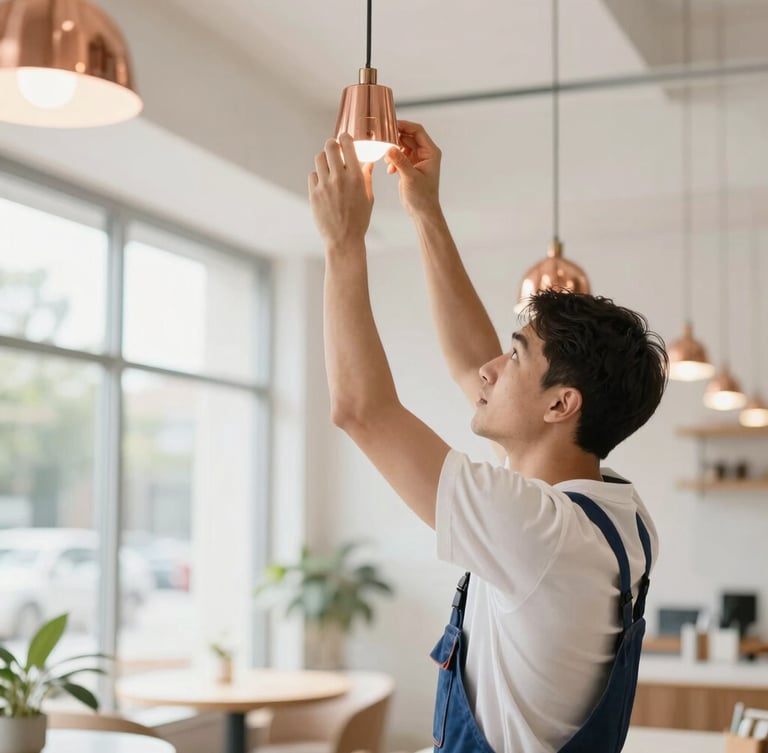 A professional builder in a modern, sunlit café interior adjusting the copper lighting fixtures, shallow depth of field, 35mm lens, bright daylight, clean colors.