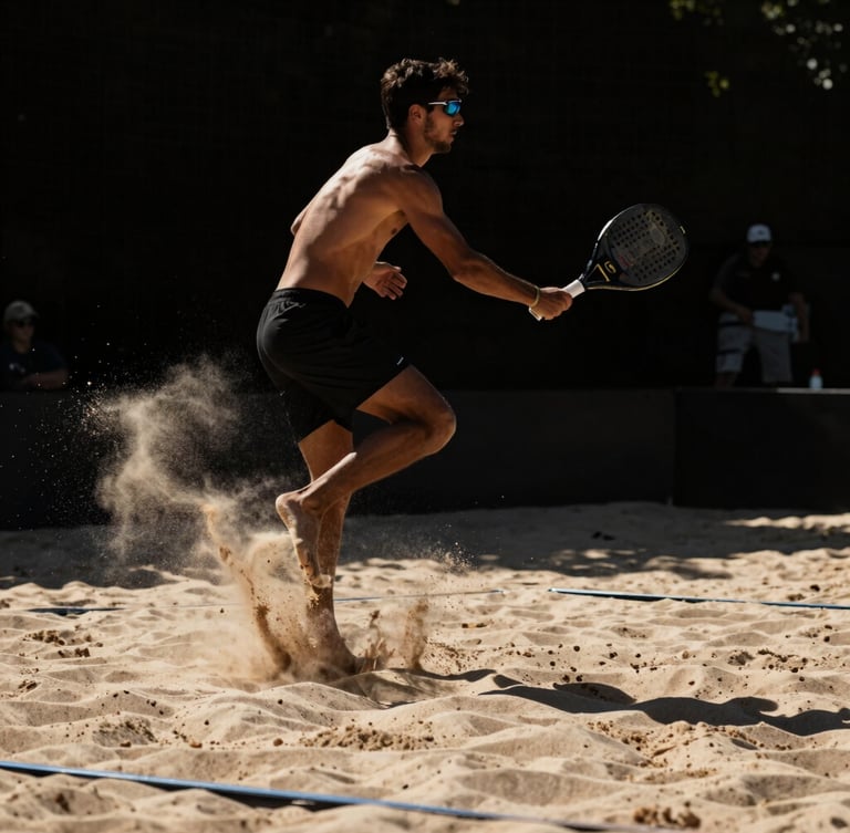 Dramatic low-angle action shot of a beach tennis player mid-air smash, sand spraying from the court, harsh midday sun, deep contrast, 85mm, warm beige and black tones.