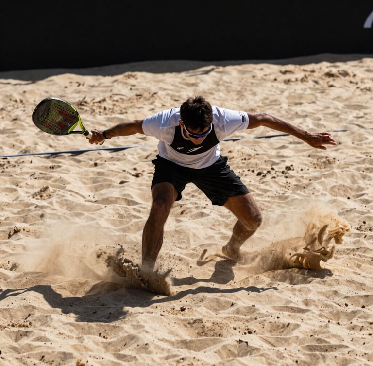 Dramatic sports photography, low-angle shot of a beach tennis player executing a powerful mid-air smash, sand spraying from the court, harsh midday sun casting deep shadows, warm beige sand tones, 85mm