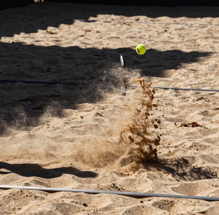 Action shot of a beach tennis player smashing a ball mid-air, sand exploding from the court, harsh midday sun, dramatic shadows, warm sand tones, high contrast, 85mm