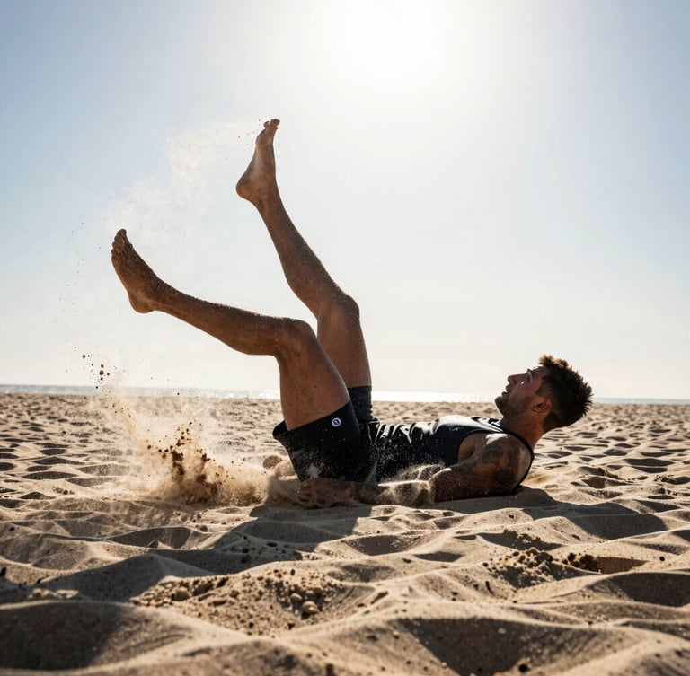 Dramatic low-angle sports photography of a footvolley player performing a shark attack against a bright sky, high-contrast sunlight, sand spraying, 85mm
