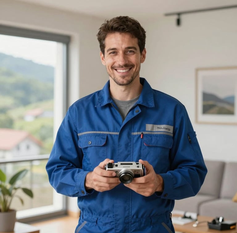 Retrato de medio cuerpo de un técnico electricista sonriente con uniforme limpio azul marino, sosteniendo un plano técnico en una vivienda moderna y luminosa de Asturias, luz natural suave de ventana.