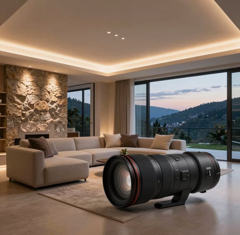 A bright modern living room in Asturias at dusk, warm recessed LED lighting highlighting stone architectural details, minimalist furniture, large windows looking out to soft evening light, shot with a high-end architectural lens.