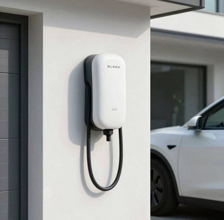 Sleek white electric vehicle charger mounted on a clean, modern residential garage wall with natural daylight, a portion of a clean electric car visible on the right, high-end residential setting.