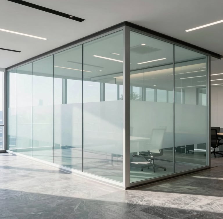 Bright modern corporate office interior with clean glass partitions, soft daylight, professional architectural aesthetic, cool slate tones
