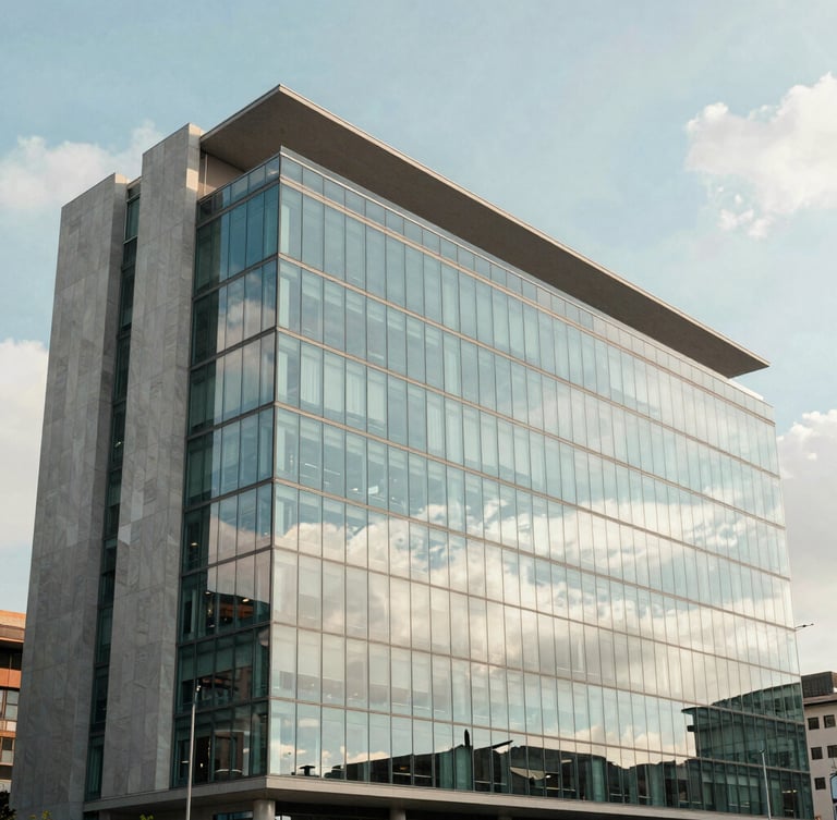 Wide architectural shot of a modern office building exterior in Bogotá, glass facade reflecting soft morning clouds, clean lines, 35mm corporate photography.