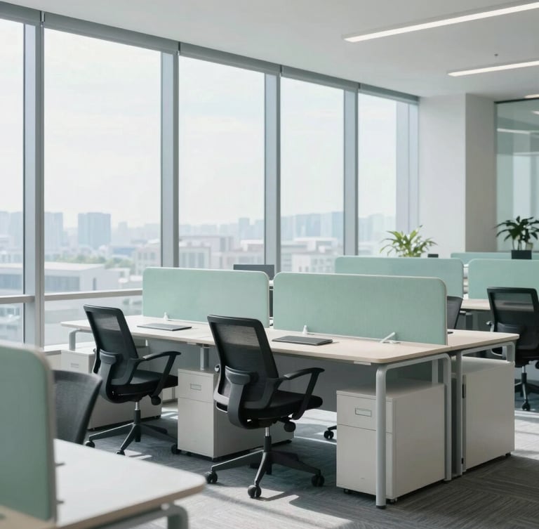 Bright modern corporate workspace, large windows with diffused daylight, clean desks, professional and calm environment, cool blue and sage green tones, 35mm