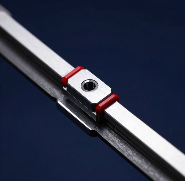 Macro close-up of a high-precision automotive wiper blade assembly, metallic arm with sharp red accent details, cool high-contrast industrial studio lighting, deep navy background.