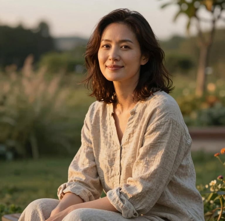 A warm, maternal woman in her late 30s with a gentle smile, wearing natural linen clothes, sitting in a soft-focus outdoor garden at golden hour, peaceful and welcoming lighting