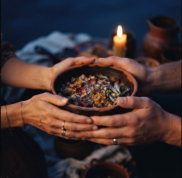 Warm close-up of hands holding a clay bowl with dried petals, soft candlelight, deep twilight indigo background, 35mm photography
