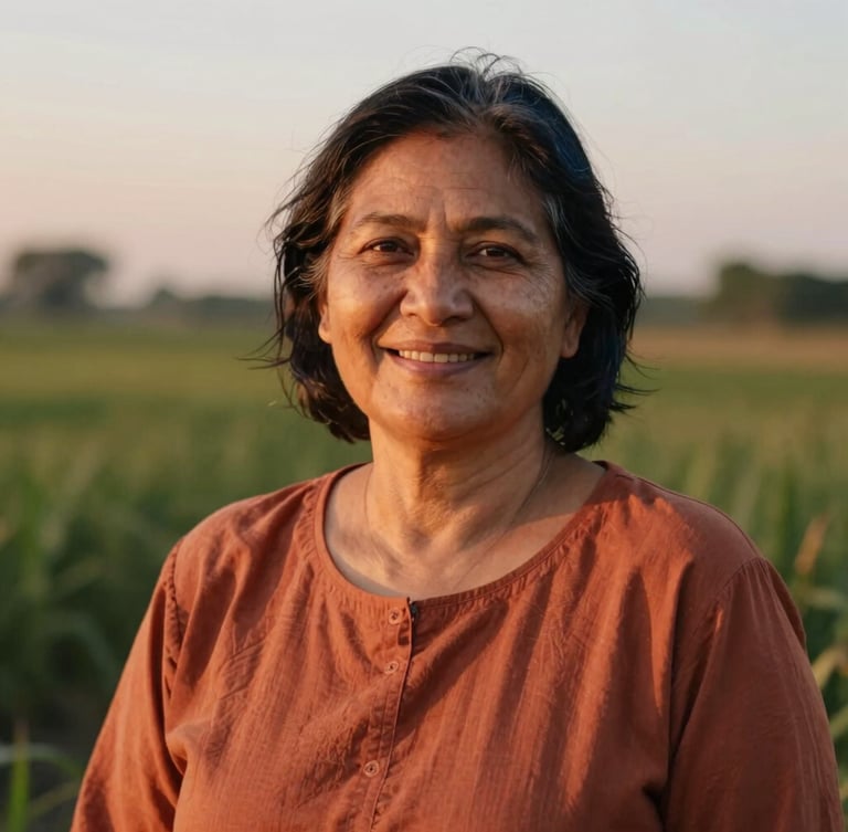 Warm portrait of a mature woman with a kind smile, earthy terracotta clothing, soft sunset light, natural green foliage background, soft focus