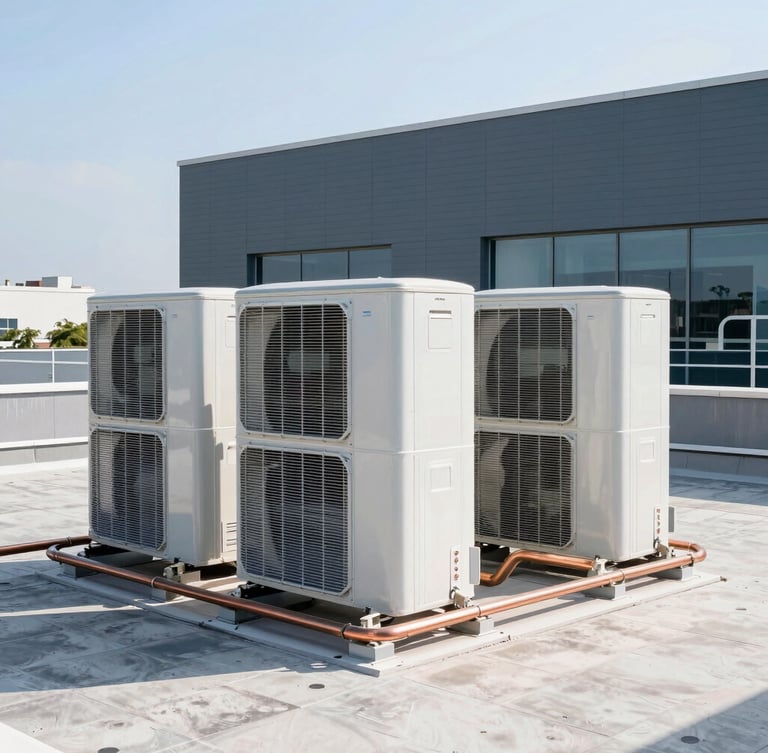 Sleek, organized VRF condenser banks on a bright modern commercial rooftop in Campinas, clean copper pipe runs, sharp focus architectural photography, 35mm lens