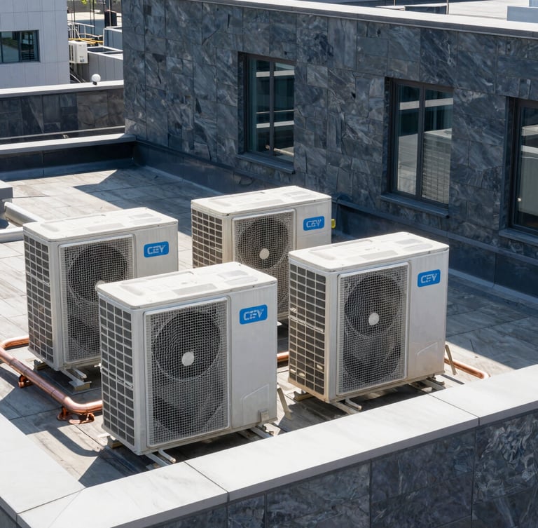 Sleek modern building rooftop with neatly aligned VRF condenser units, copper piping runs, bright natural daylight, crisp architectural photography, slate-gray tones
