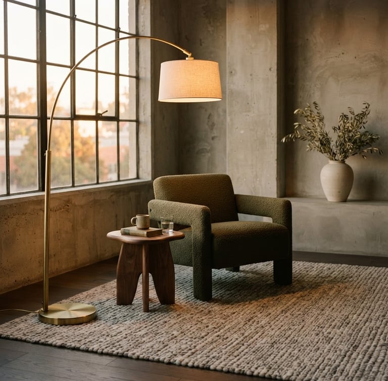 A warm-lit hospitality lounge with minimalist concrete walls, featuring a large textured area rug and a brushed brass floor lamp casting diffused golden-hour window light, editorial 35mm photography.