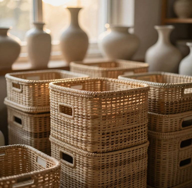 Close-up of neatly stacked woven storage baskets and ceramic vases in a warm, sunlit warehouse, soft golden hour light, shallow depth of field