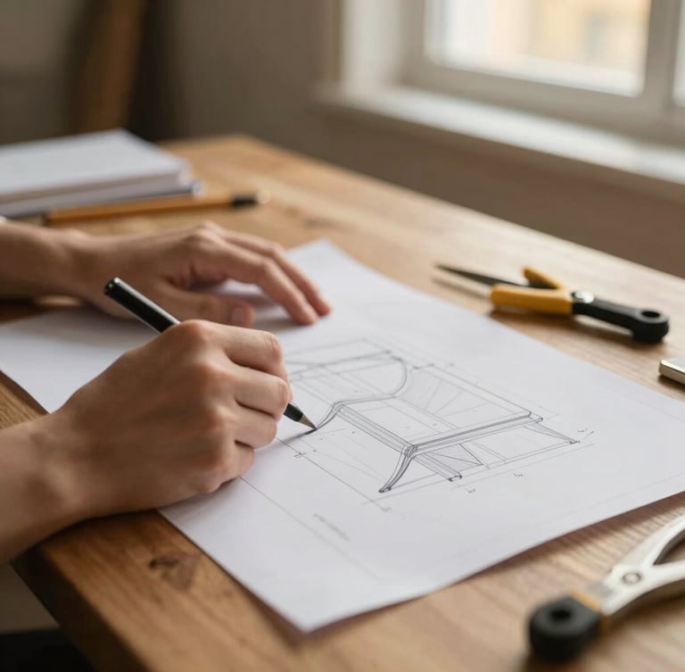 Close-up of a designer's hands drafting a technical furniture blueprint on a warm wooden desk, architectural tools, soft window light, warm editorial photography, shallow depth of field, 35mm