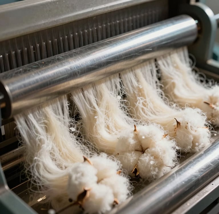 Close-up of raw cotton fibers being processed through industrial combing machinery, dramatic side-lit shadows, warm cream textures contrasting with cool steel rollers