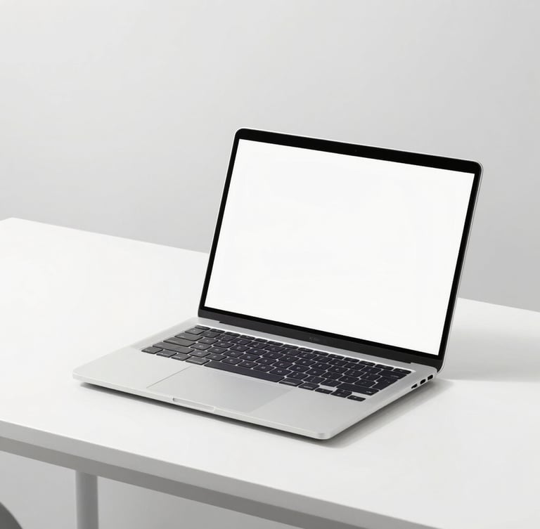 Sleek modern laptop computer open on a minimalist white desk, bright high-key product photography, crisp details, clean studio lighting with soft shadows