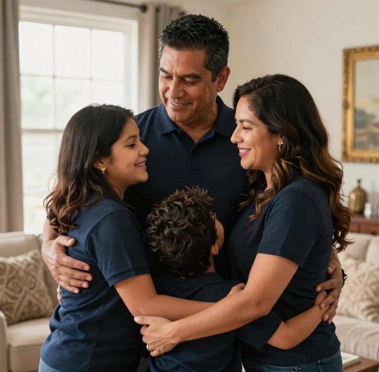 A warm editorial photograph of a Hispanic family embracing in a sunlit living room, soft window light, professional 35mm, deep navy accents.