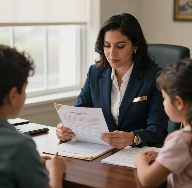 A professional immigration attorney in a warm-lit office, reviewing legal documents with gold accents, soft window lighting, 35mm photography.